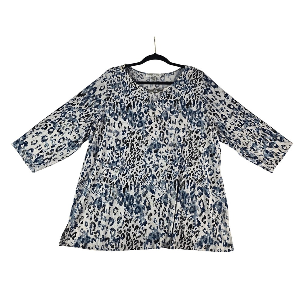 Rebecca Malone Animal Print Top Women 1X Blue Black White V-Neck 3/4‎ Sleeve